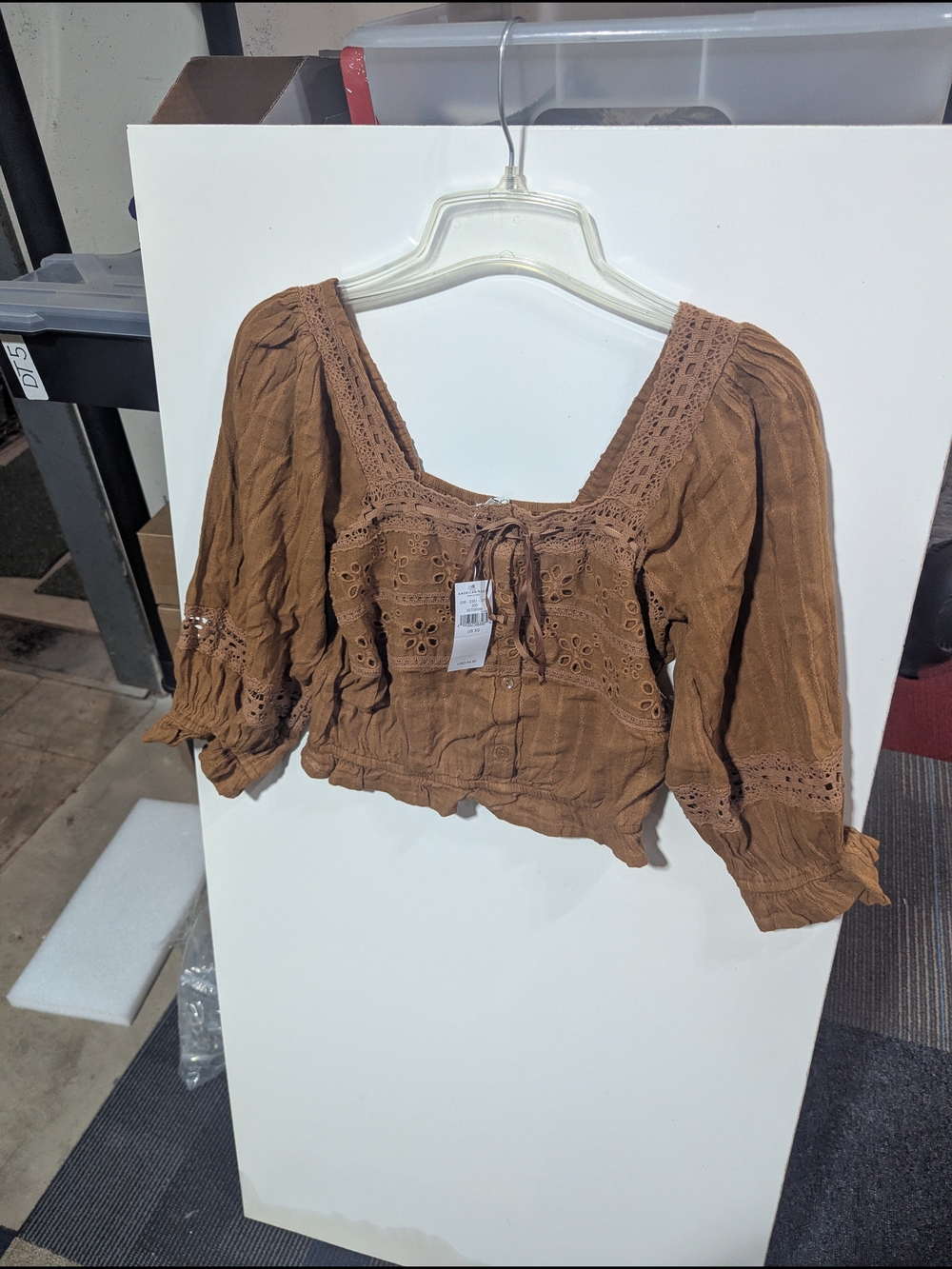 American Eagle Outfitters Brown Crochet-Trim Peasant Blouse